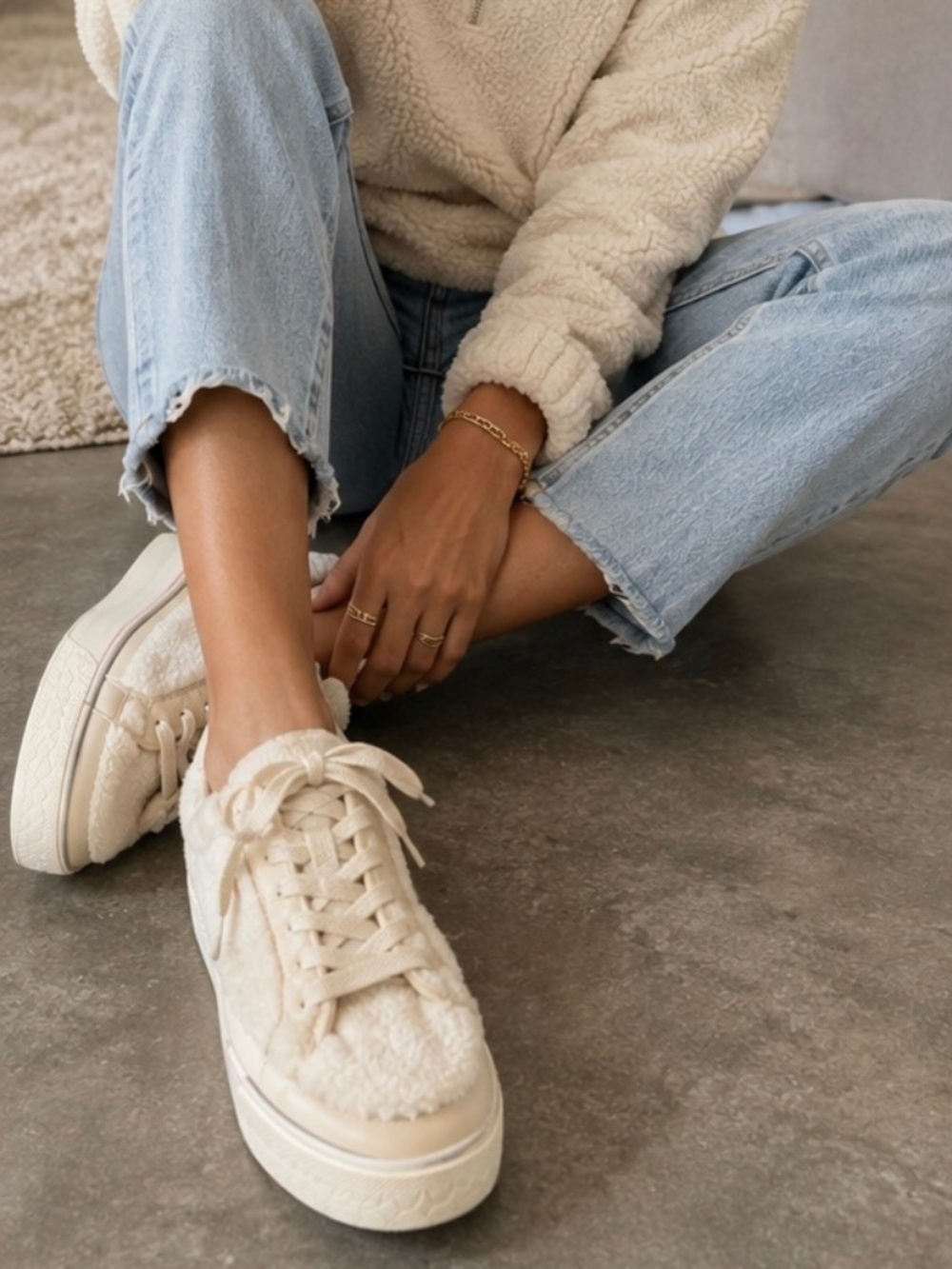 Coach CitySole Shearling Platform Sneakers Natural/Chalk Size 8.5